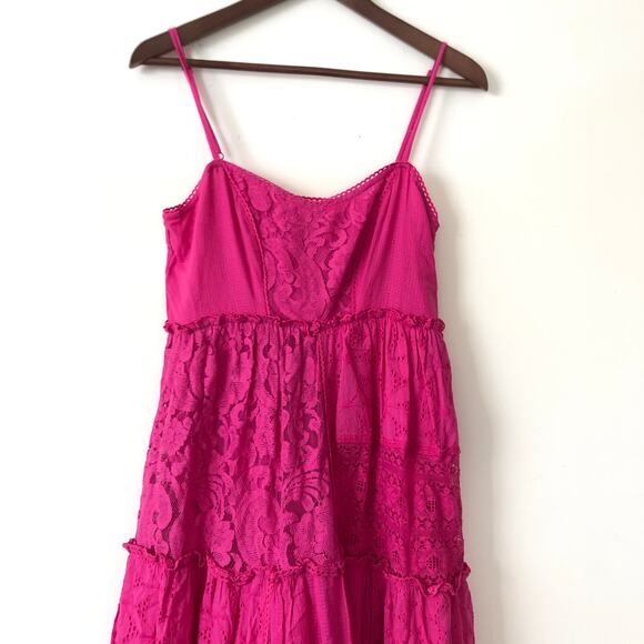 Anthropologie Bhanuni Jyoti Sleeveless Patchwork Lace Tiered Midi Dress Pink S - Picture 5 of 8